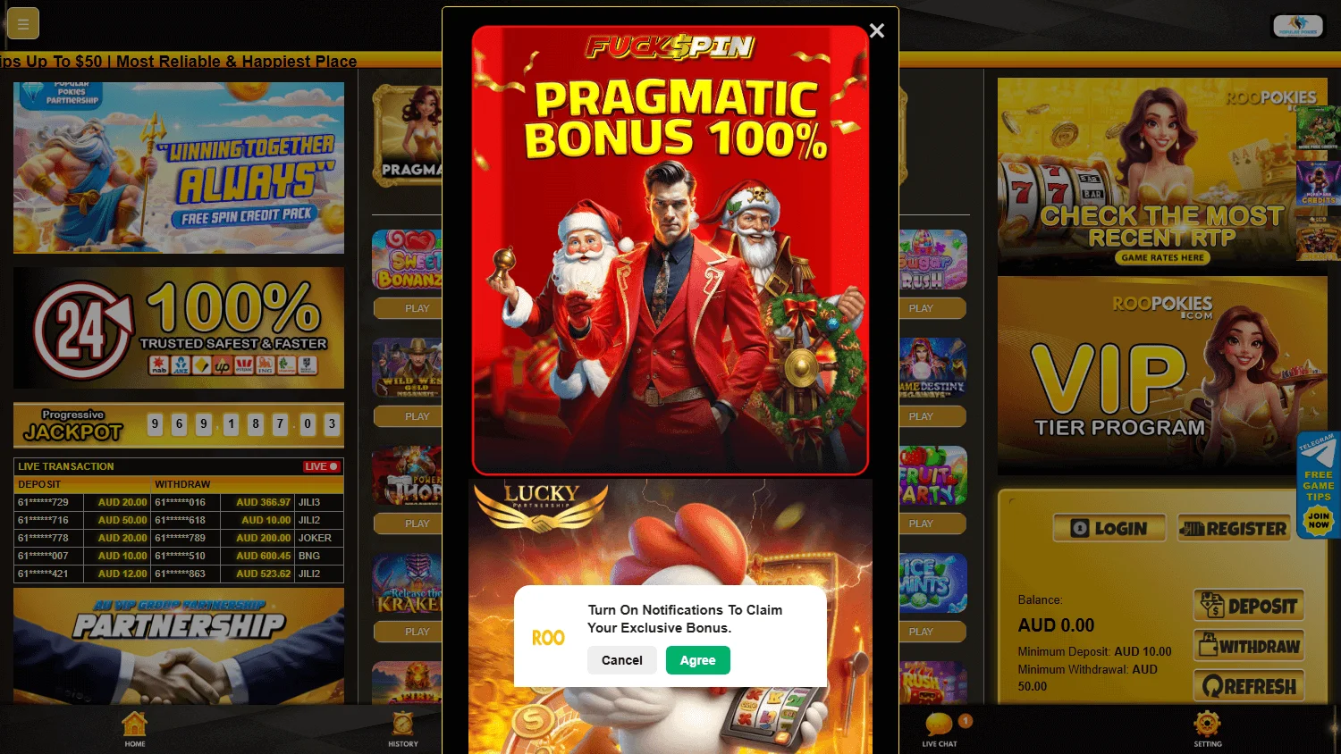 Roopokies Casino desktop games lobby with pokies and casino games