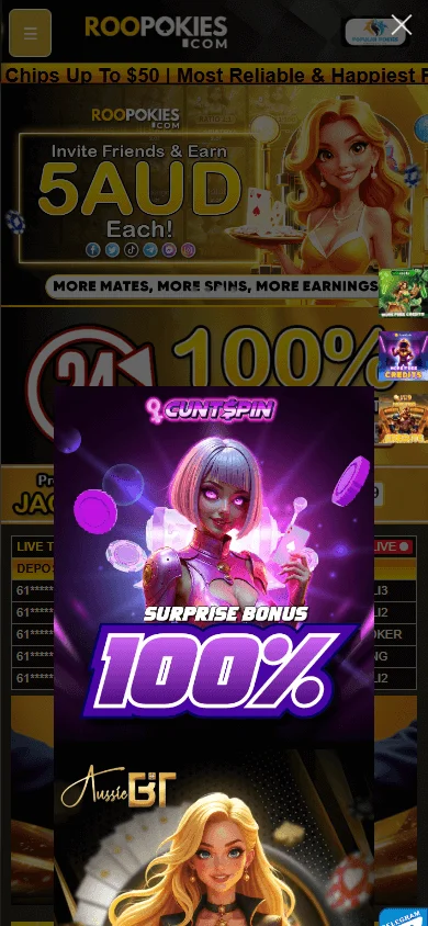 Roopokies Casino mobile browser home on an Australian AUD account
