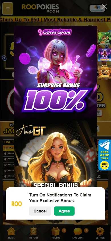 Roopokies Casino mobile games lobby with pokies and live tables