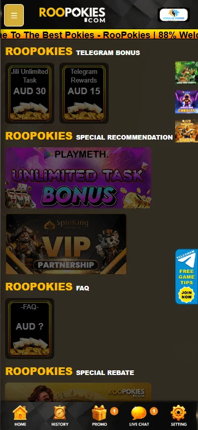 Roopokies Casino mobile promotions area with bonus offers